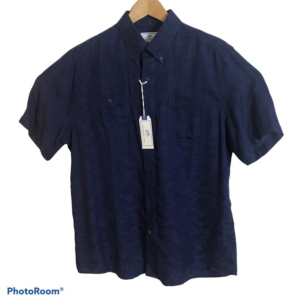 Southern Tide SS Dock Camo Sport Shirt M Button Up True Navy Lyocell Pockets $99